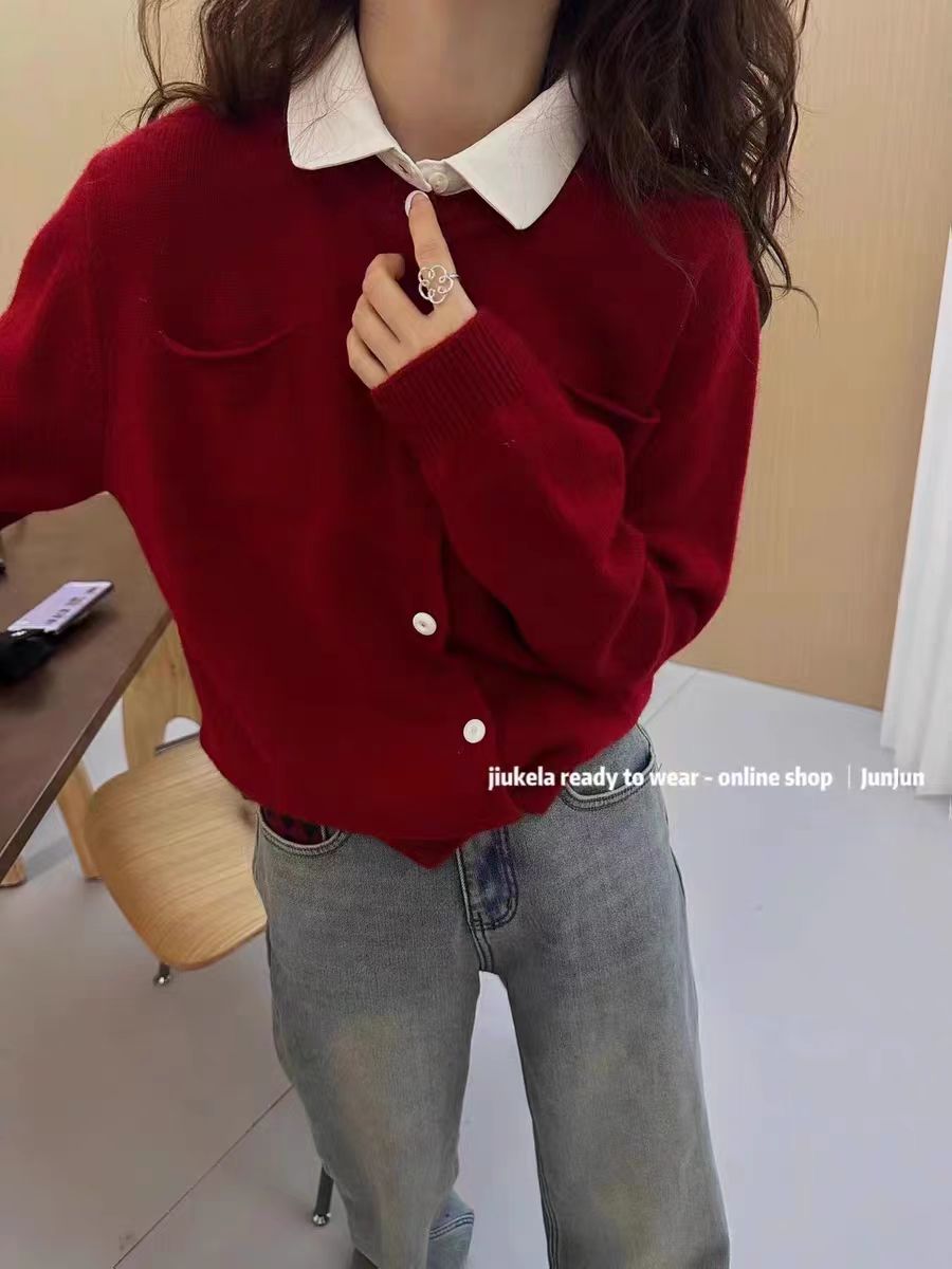 歐貨撞色單排扣羊毛針織開衫女歐洲站冬季新款休閒軟糯上衣潮