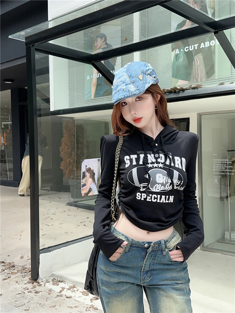 實拍~美式辣妹復古風百搭連帽長袖T恤女露臍設計感印花上衣潮