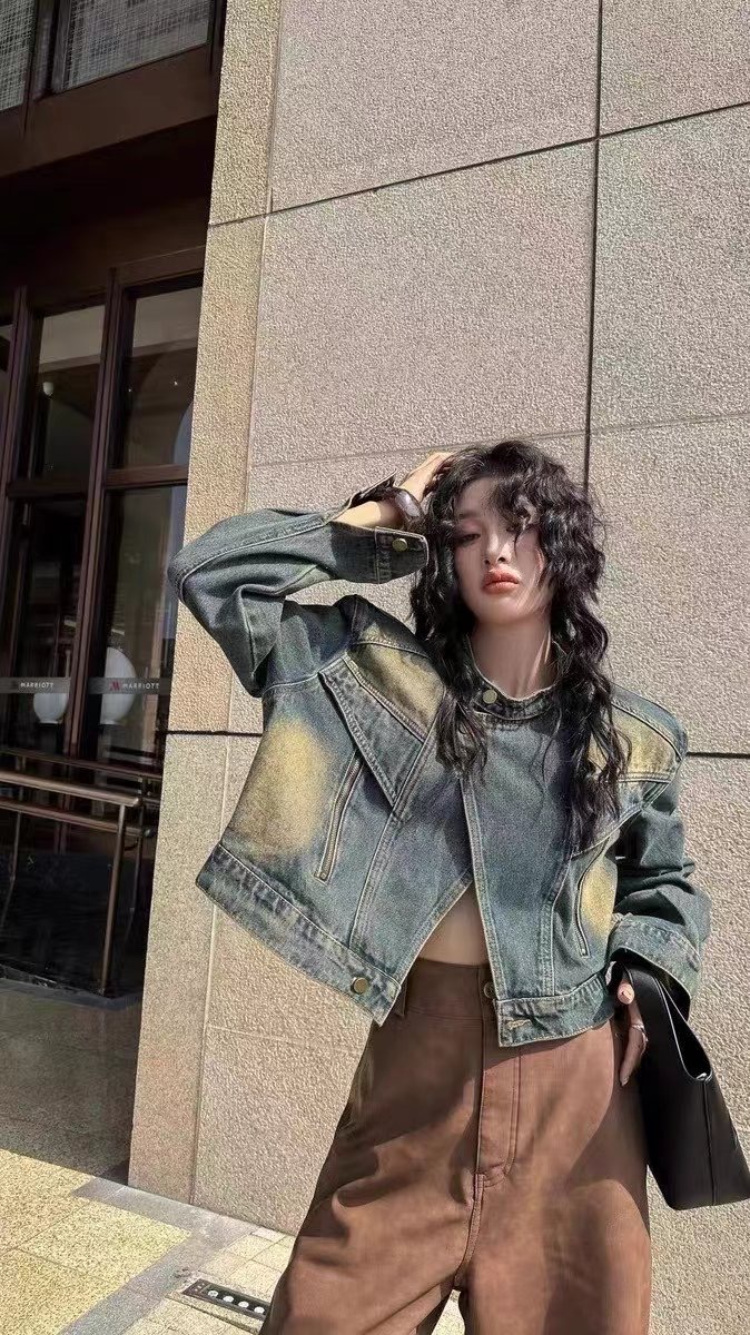 復古暈染漸變牛仔外套女2024新款港風小眾個性短款立領夾克上衣潮