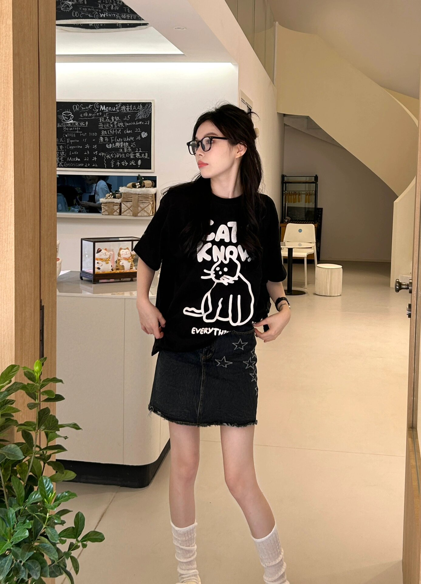 220克精梳緊密賽洛夏季潮流卡通貓咪印花短袖T恤