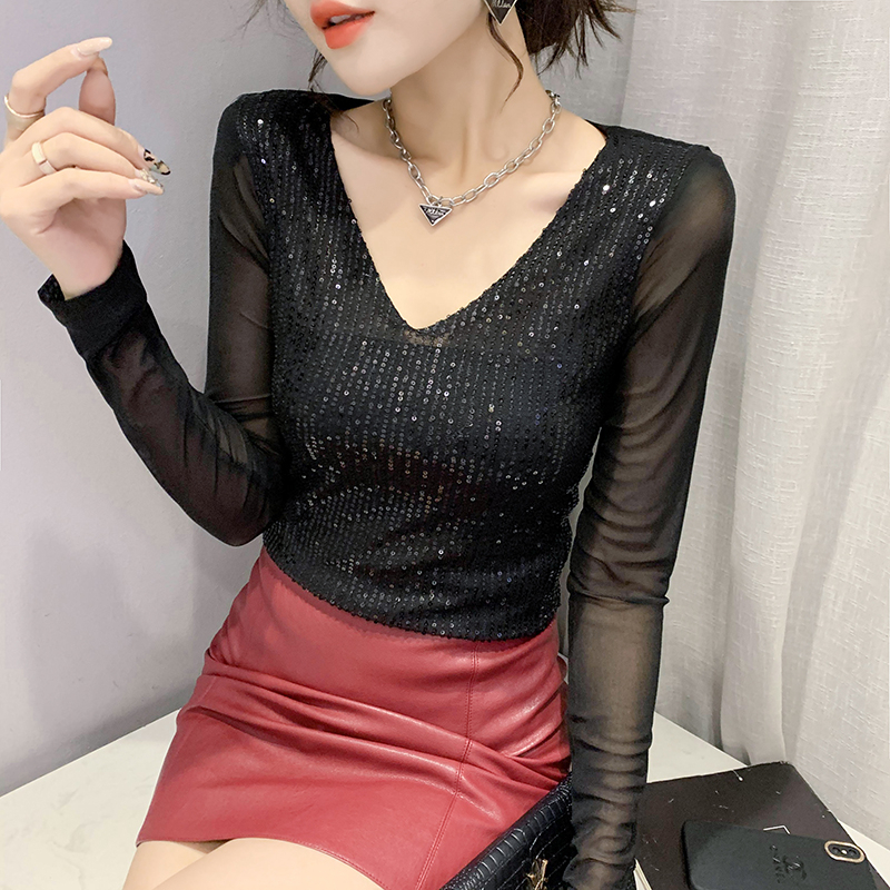 原版做工2024春季性感V領T恤女長袖亮片網紗上衣洋氣修身打底衫