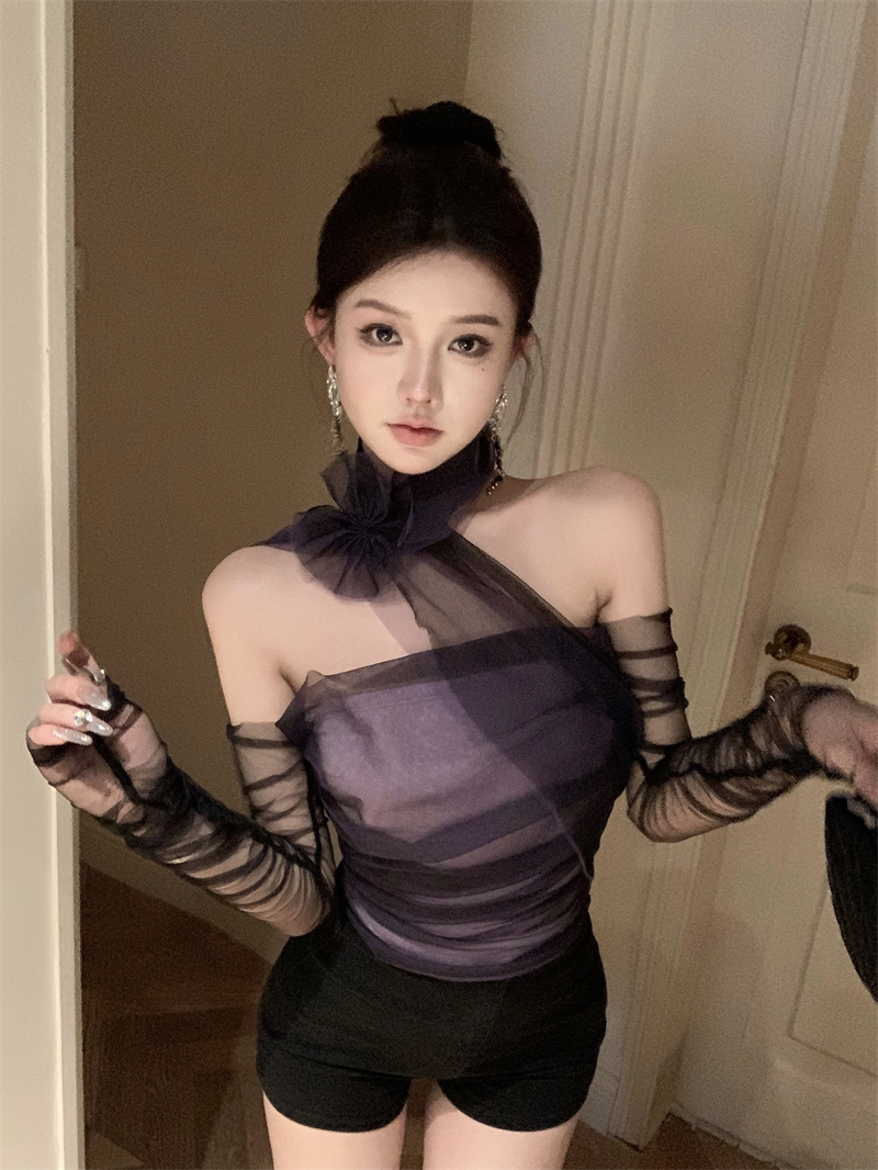 實拍  名媛氣質夢幻紫紗抹胸袖套打底內搭上衣秋冬
