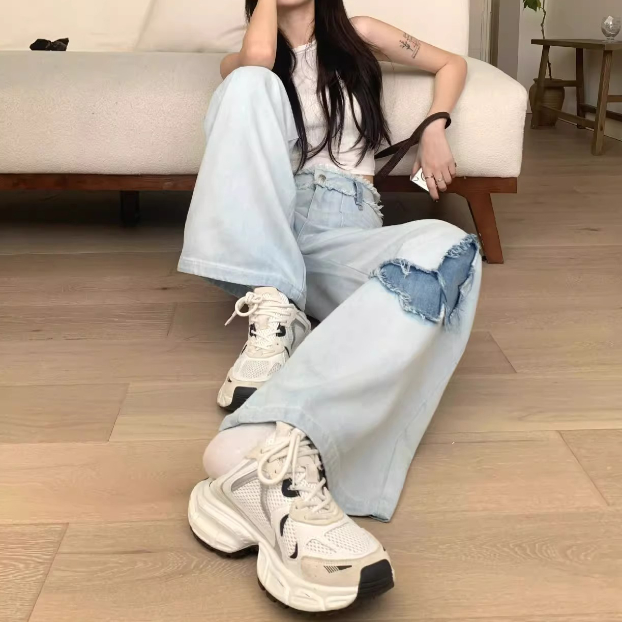 韓版高腰闊腿牛仔褲女春季新款寬鬆淺藍色蝴蝶寬鬆垂墜感直筒褲子