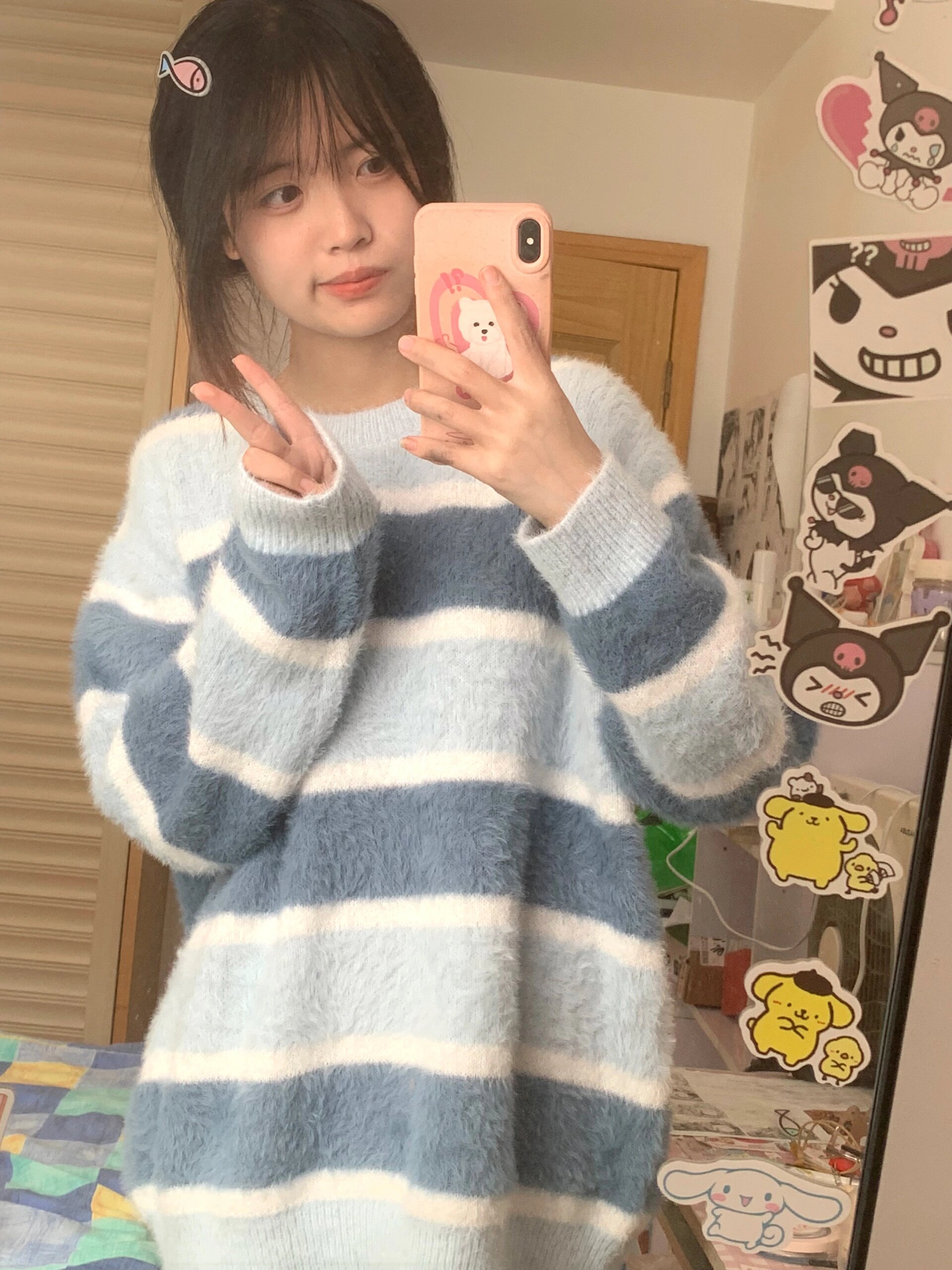 仿貂毛 衣長68胸圍58   2024春秋新款條紋撞色套頭上衣