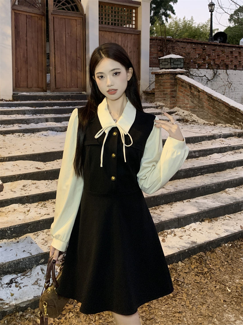 實拍 赫本風假兩件拼接長袖黑色連衣裙女新款復古氣質收腰小個子