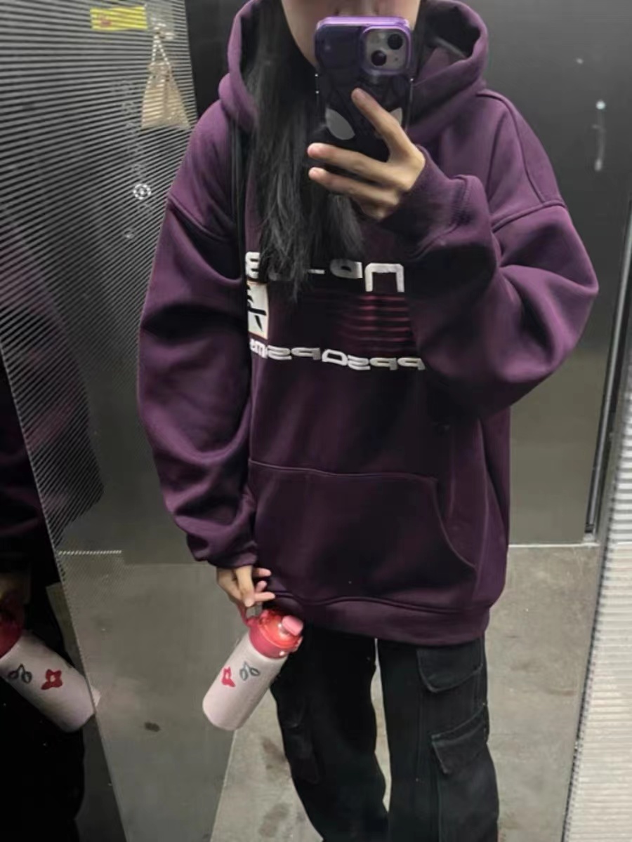 美式純棉紫色oversize連帽衛衣女秋冬加絨加厚慵懶風潮牌外套vibe