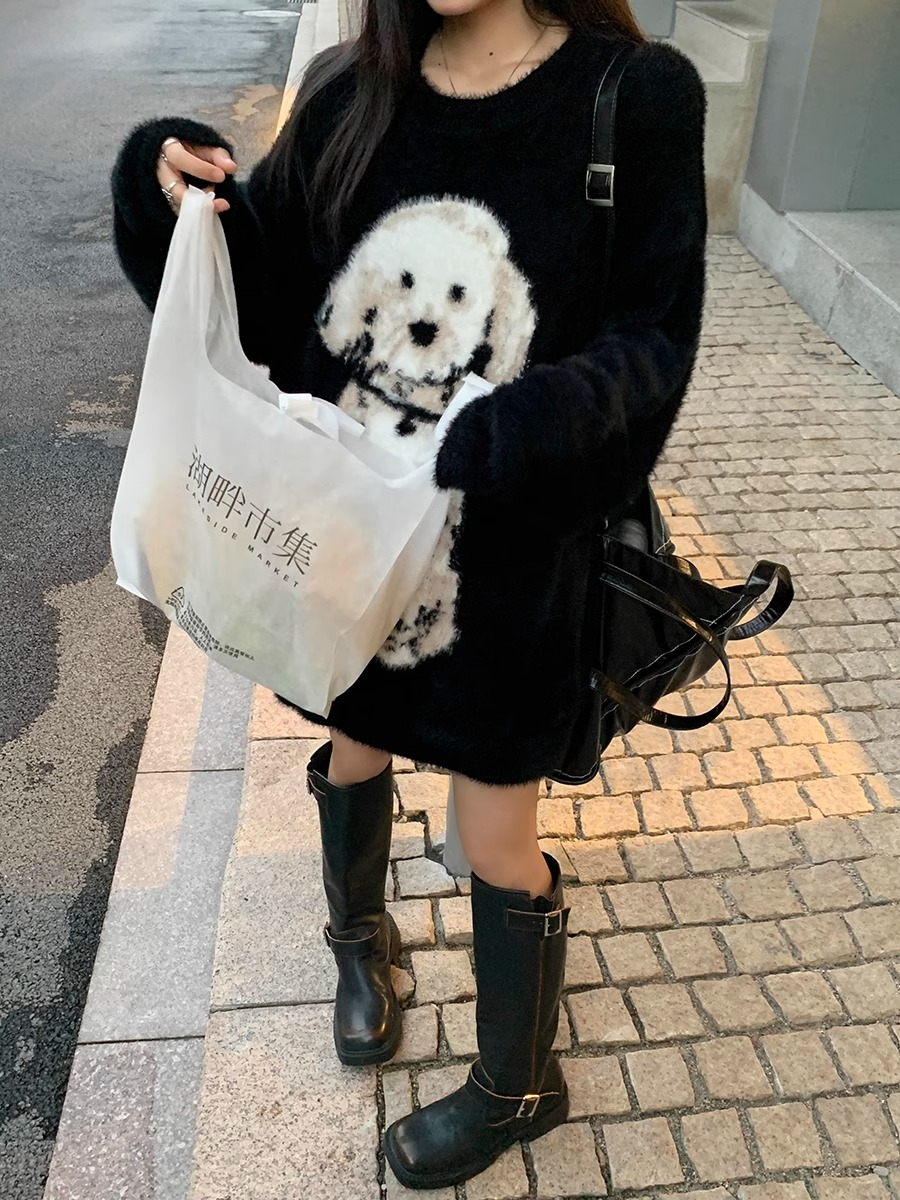 可愛小狗提花毛茸茸針織衫套頭圓領寬鬆外穿毛衣潮