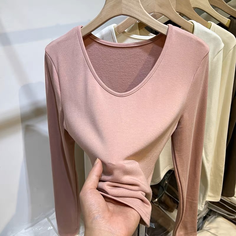 2024 new long-sleeved T-shirt for women in spring and autumn, versatile slimming bottoming shirt, V-neck top, trendy brand