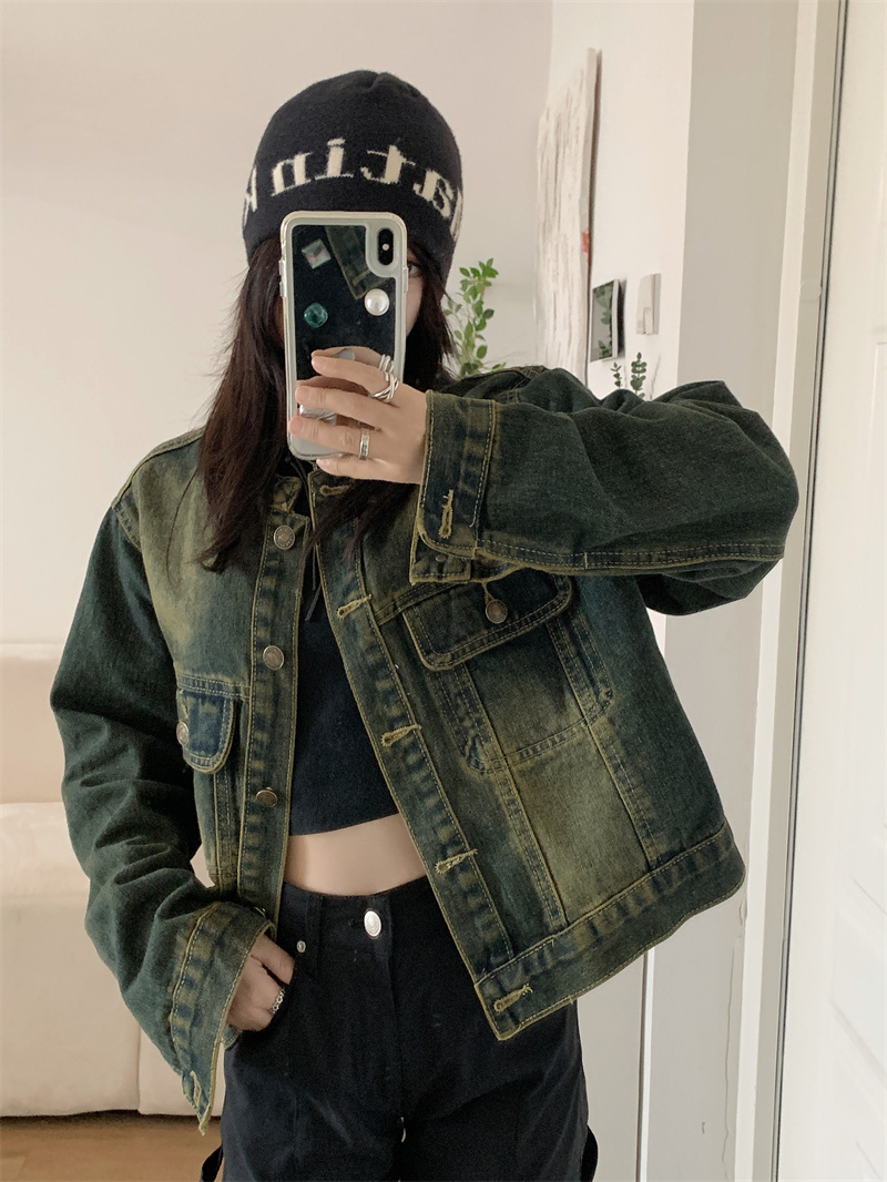 新款美式復古氣質炸街百搭Poio領牛仔短款外套上衣女