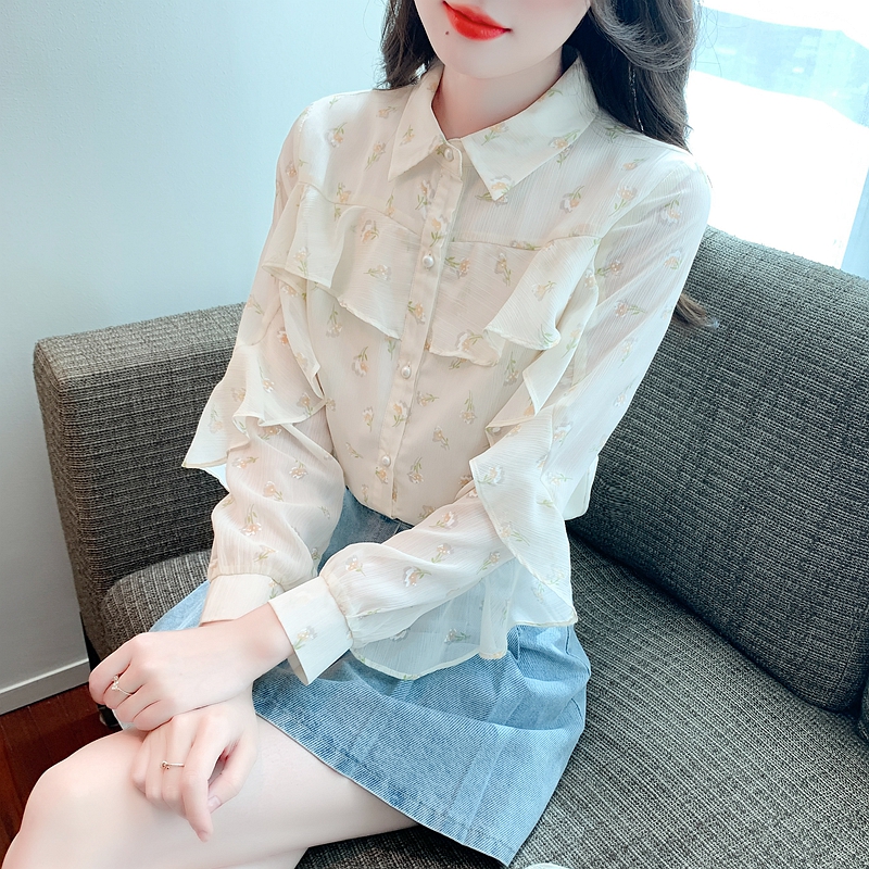2024超仙女上碎花襯衫女春季新款甜美法式小衫娃娃領減齡雪紡襯衣