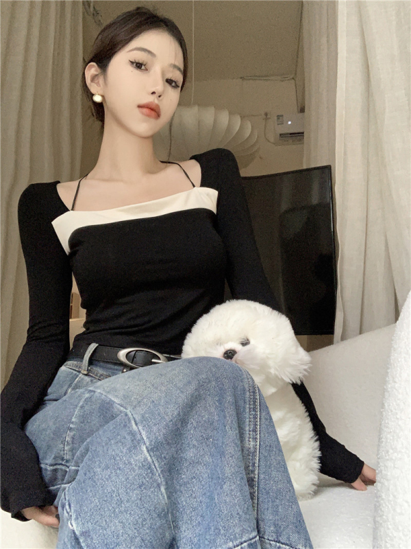 辣妹針織T恤女2024春季純欲風短款方領氣質打底衫顯瘦長袖上衣