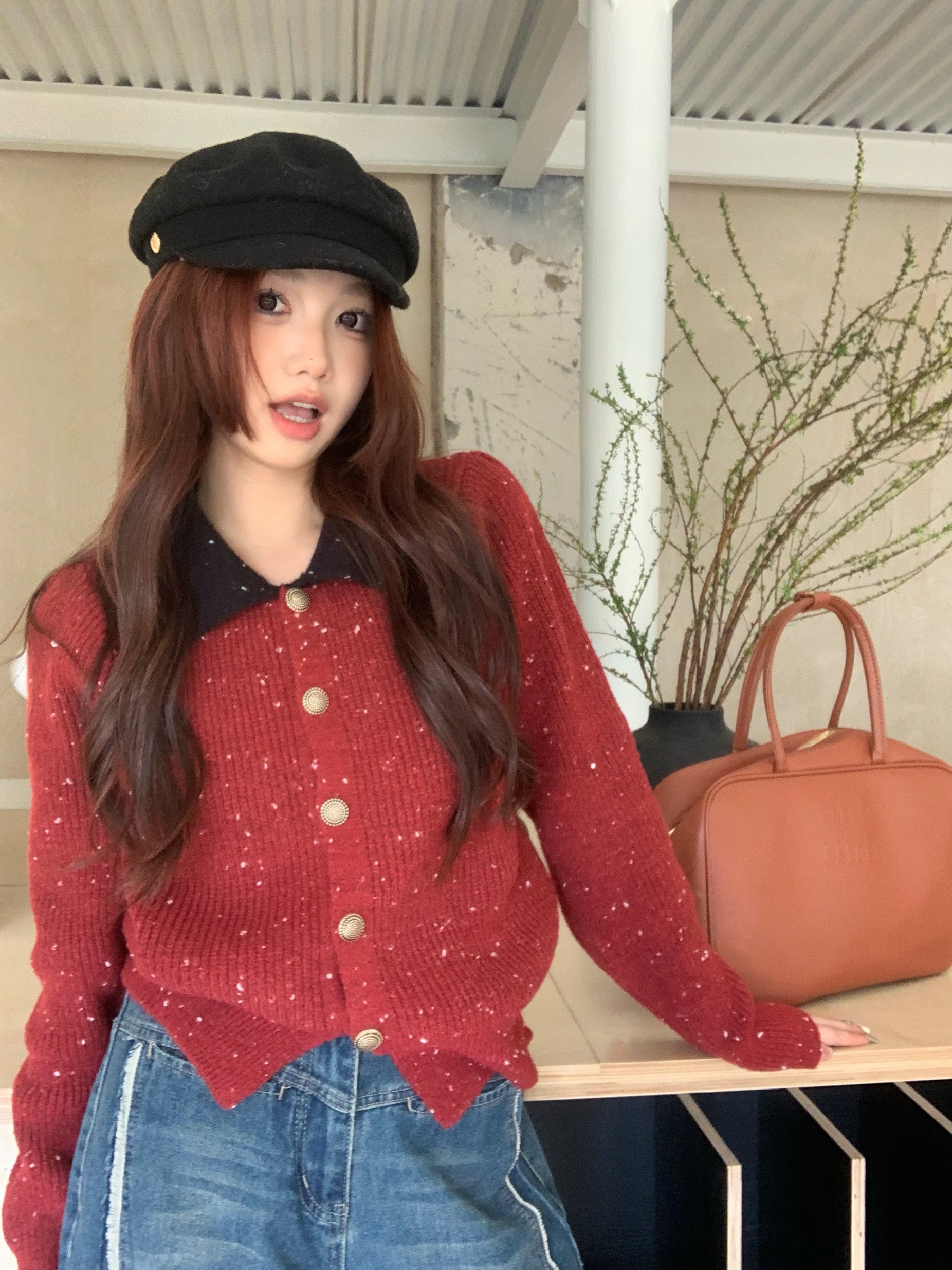 Actual shot of retro design, unique dyed knitted sweater, contrasting color Polo collar single-breasted cardigan