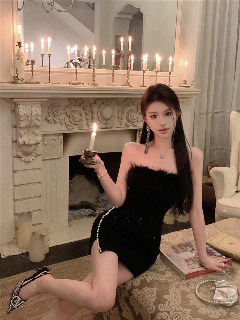 實拍~性感毛毛抹胸鑲磚開叉連衣裙女打底包臀裙