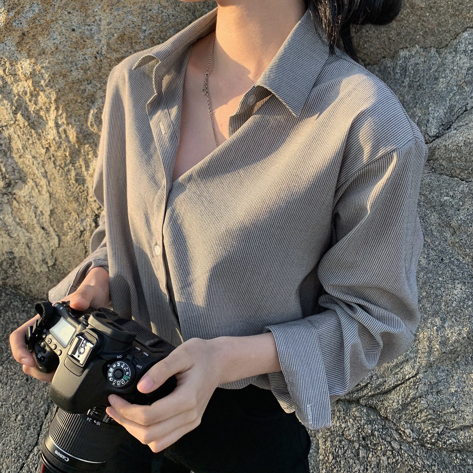 韓版POL領牛筋條全棉休閒襯衫 女2024新垮肩長袖百搭條紋襯衣大碼