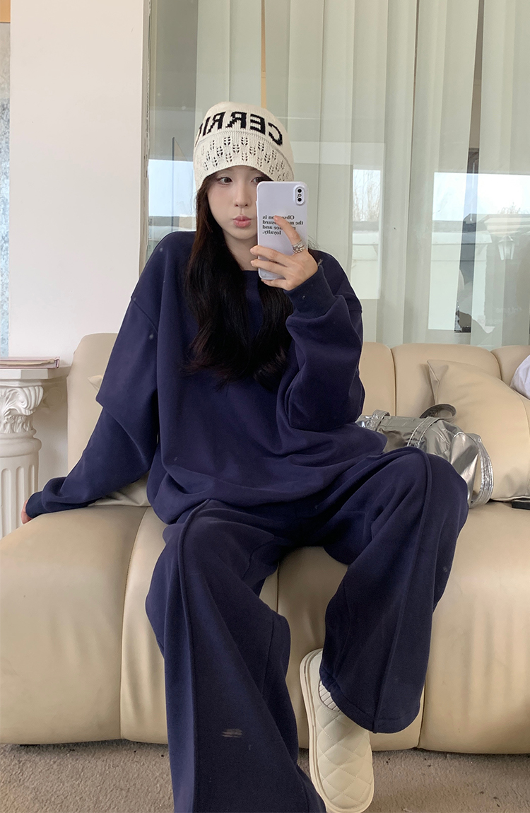 實拍 早春韓chic簡約百搭加絨保暖衛衣時尚套裝