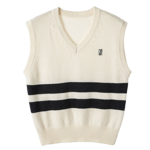 College style striped V-neck knitted vest for women spring and autumn new versatile loose layered sleeveless sweater vest