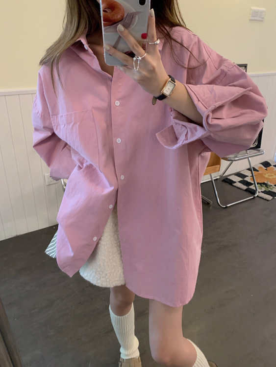 Actual shot of mid-length slim polo collar versatile loose simple solid color lazy style shirt