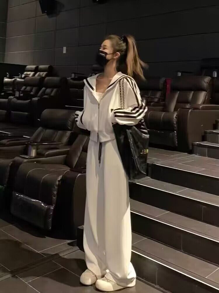 春秋新款女裝白色衛衣套裝減齡洋氣海軍領上衣運動休閒褲子兩件套