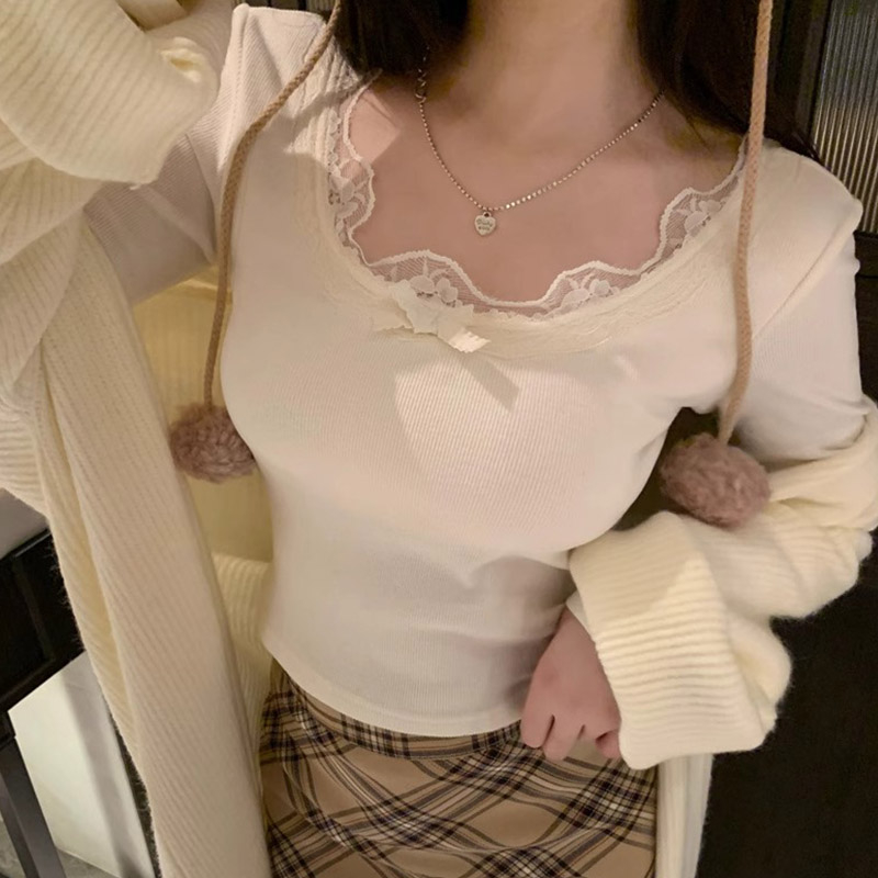 帶胸墊蕾絲純欲T恤女春秋冬新款內搭短款長袖打底衫上衣
