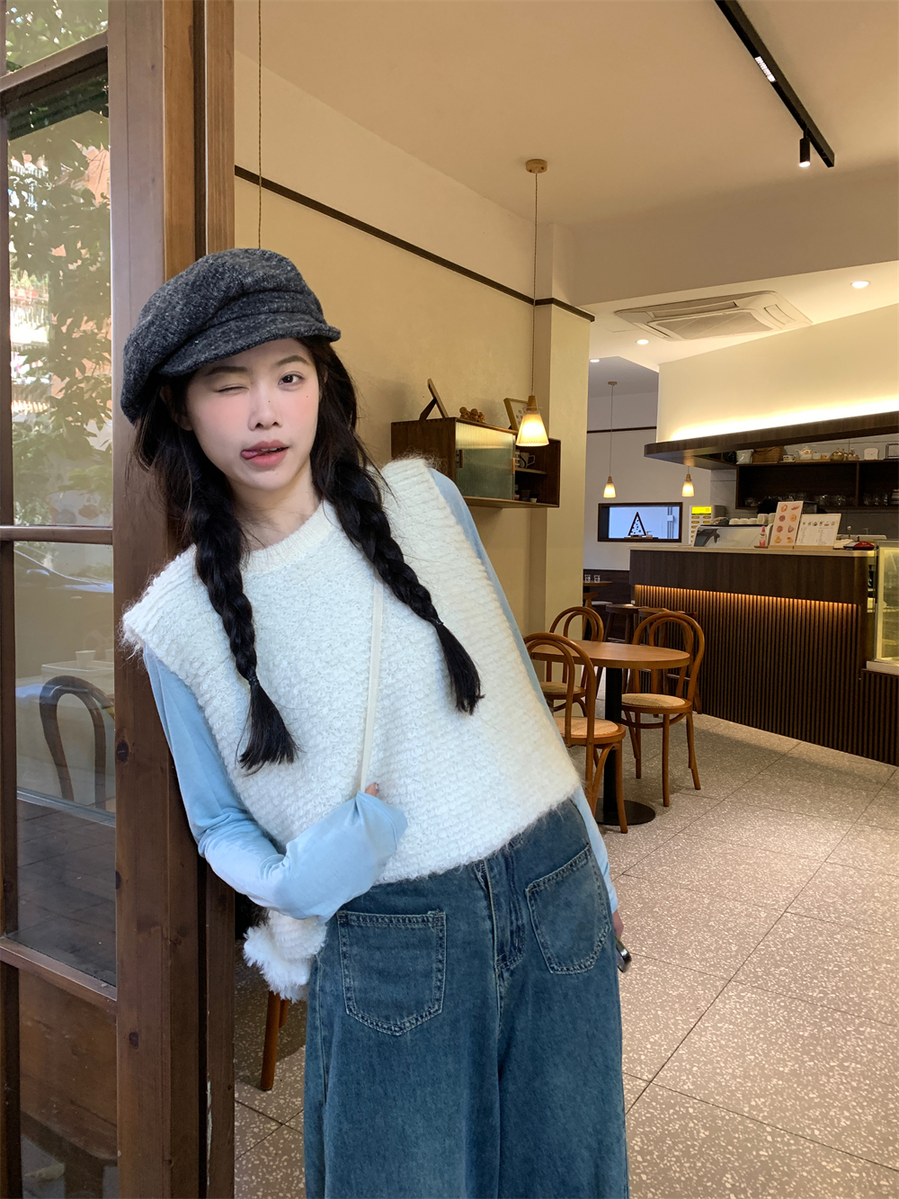 實拍早春奶油套頭毛衣馬甲背心+藍色軟糯打底T恤女
