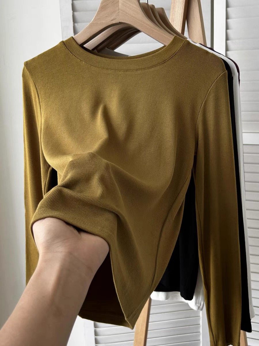 Threaded solid color long-sleeved T-shirt women's bottoming shirt spring and autumn new versatile slim fit soft drape top ins trend