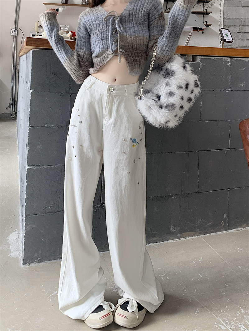 Real shot!  Gem jeans thin straight leg loose wide leg high waist trousers simple versatile loose style
