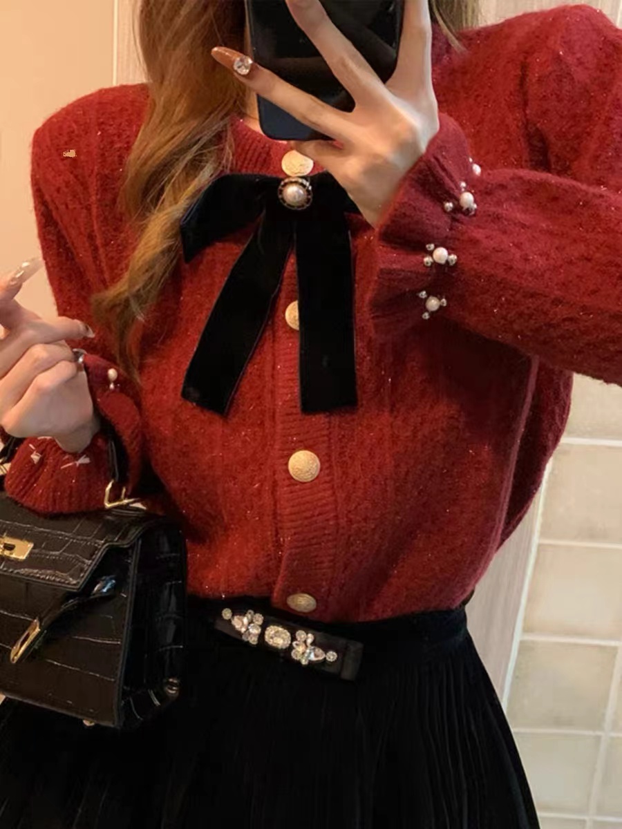 法式新年戰袍拜年紅色針織本命年喜慶內搭毛衣連衣裙子女裝秋冬季