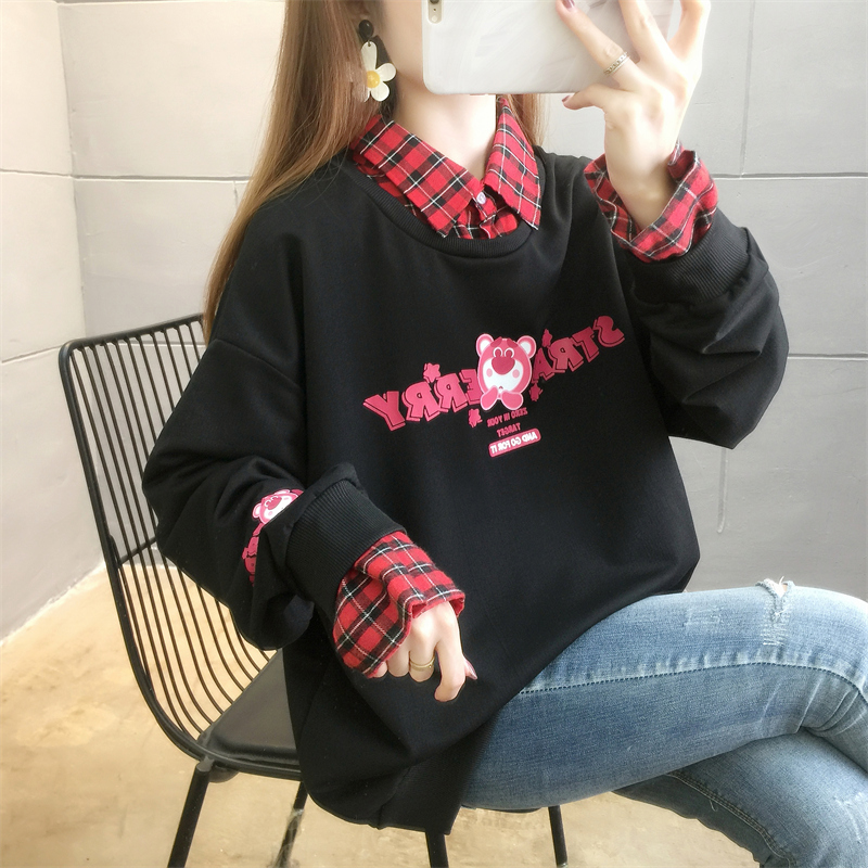 2024春裝實拍 新款字母潮衛衣女薄款長袖假兩件襯衣大碼女裝