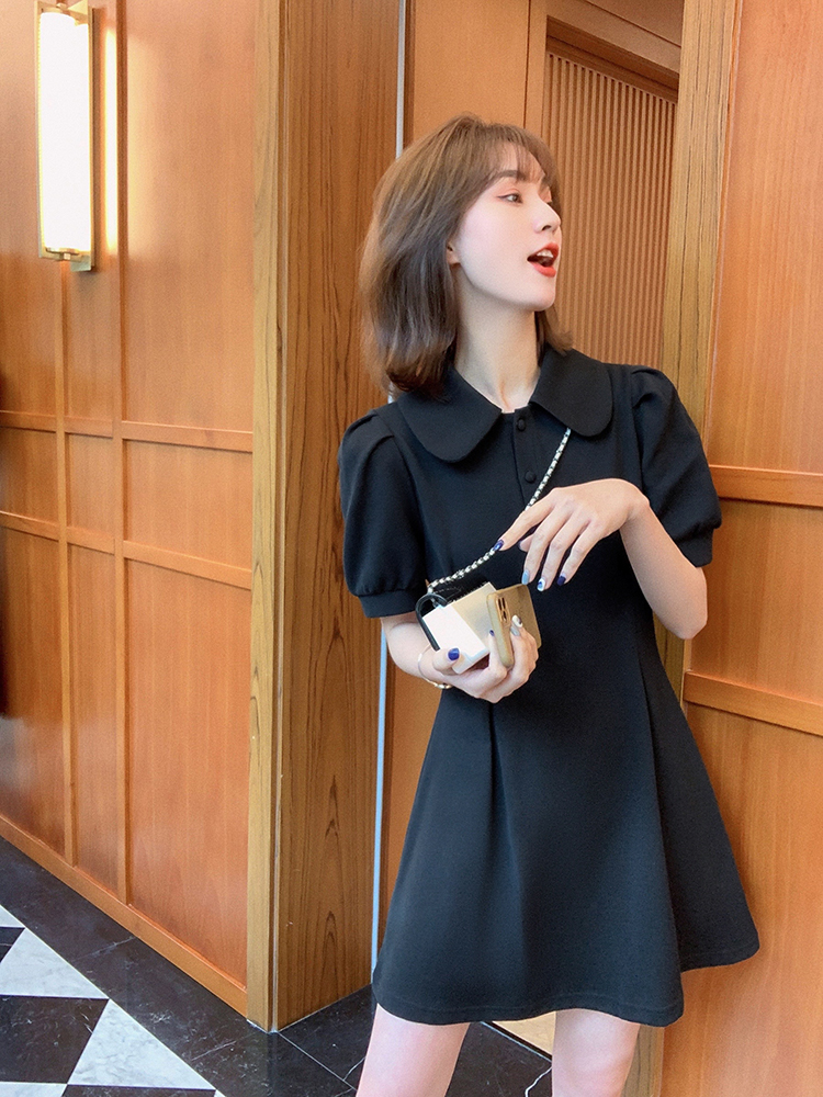 黑色娃娃領連衣裙女小個子2024夏裝新款小眾設計感收腰氣質短裙子