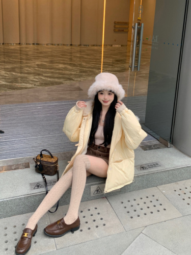 Actual shot~Milk Puff Cream Yellow Fur Collar Hooded Down Jacket Women's Winter Thickened Bread Jacket