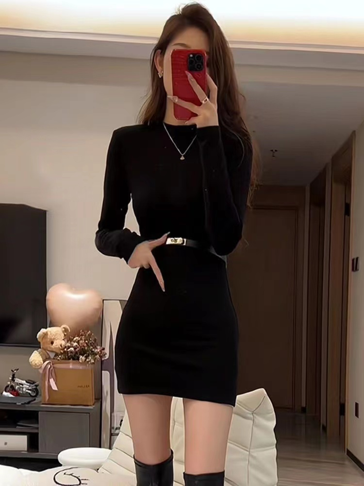 Pure Desire Hot Girl Half Turtle Collar Long Sleeve Black Dress Autumn and Winter New Slim Fit Skinny Bottoming Skirt Short Skirt