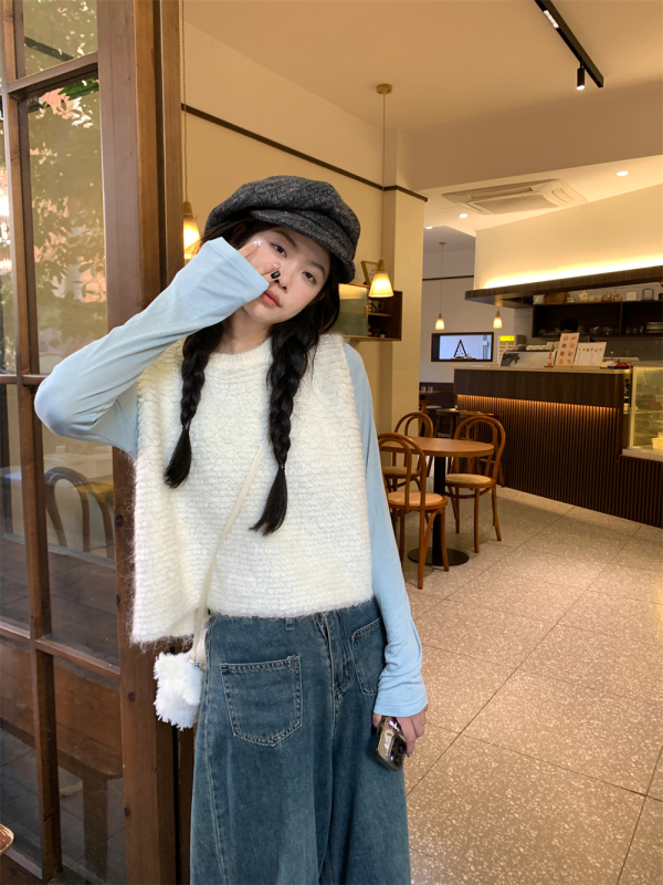 實拍早春奶油套頭毛衣馬甲背心+藍色軟糯打底T恤女