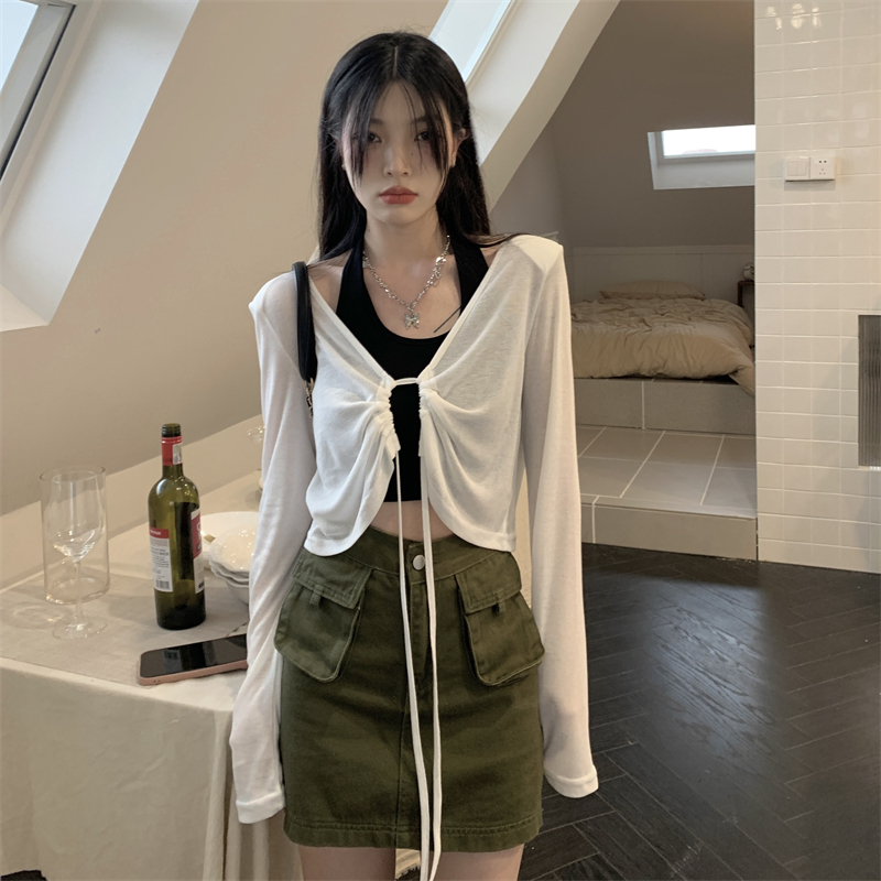 短款寬鬆系帶防曬衫薄款罩衫女秋季掛脖吊帶小背心兩件套