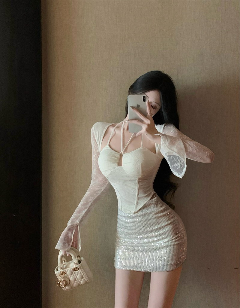 實拍 設計感性感蕾絲掛脖襯衫打底衫上衣+亮片半身裙包臀裙女