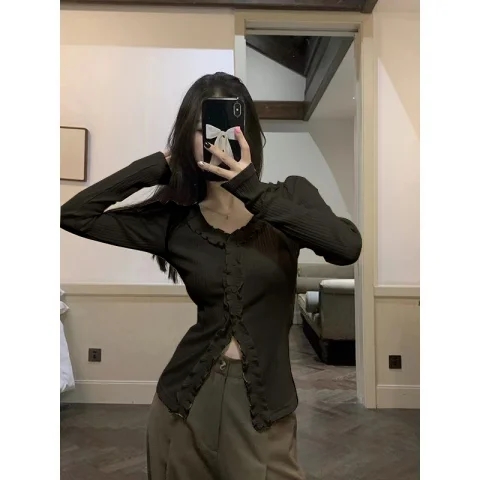 春季新款法式氣質小香風木耳邊長袖純欲開衫洋氣上衣女