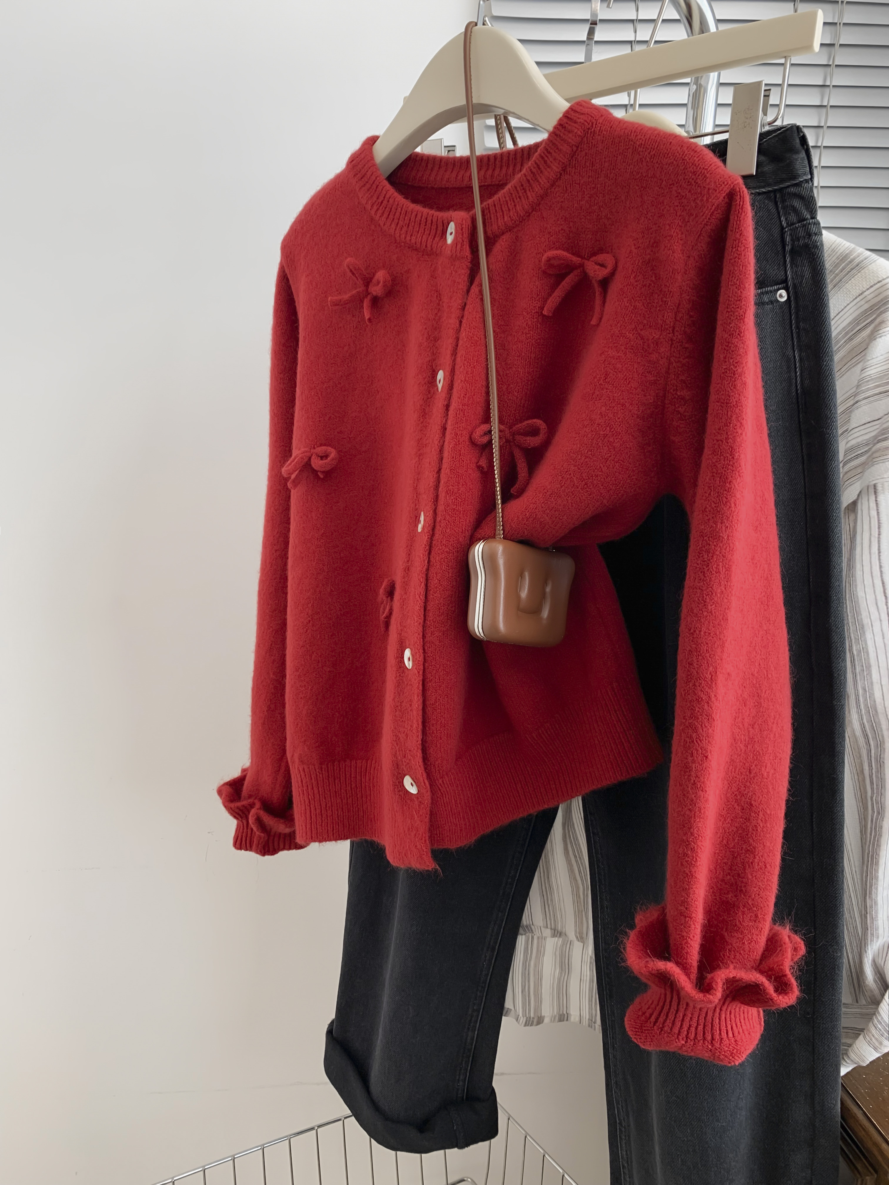 Raccoon Velvet New Year Red Bow Sweater Jacket Women's Spring and Autumn Versatile High-end New Year Knitted Cardigan