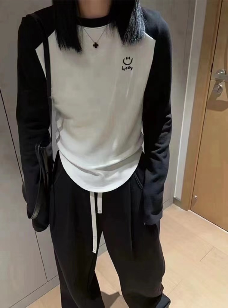 美式復古圓領插肩長袖T恤女秋冬季新款卡通印花小眾顯瘦內搭上衣