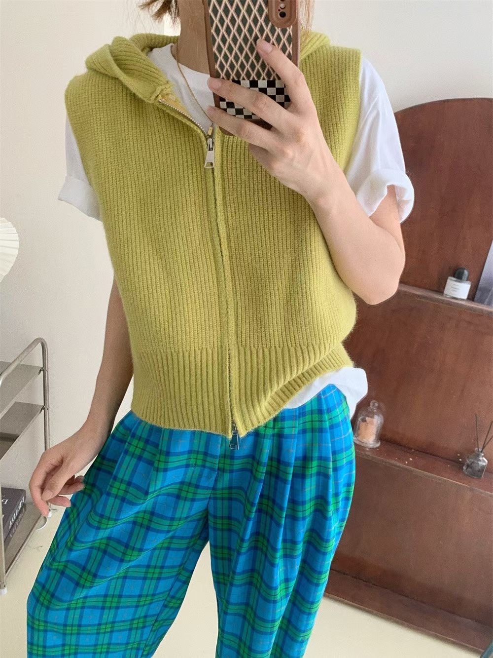 Hooded double zipper vest cardigan autumn lazy style casual versatile loose sleeveless vest sweater