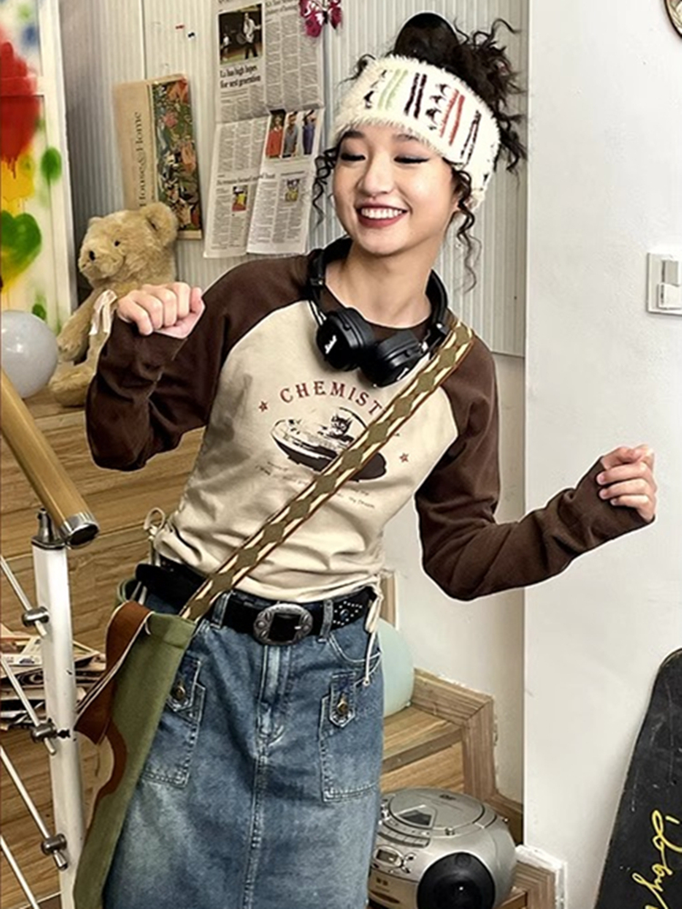 Chemical Girl Flight Notes Retro Raglan Sleeve Round Neck T-Shirt Women's 2024 Spring and Autumn Casual Loose Long Sleeve Top
