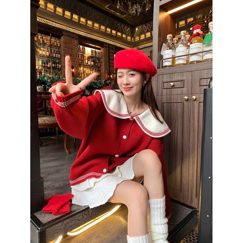 College style navy collar sweater cardigan for women autumn and winter 2024 new contrast color design loose long-sleeved knitted top