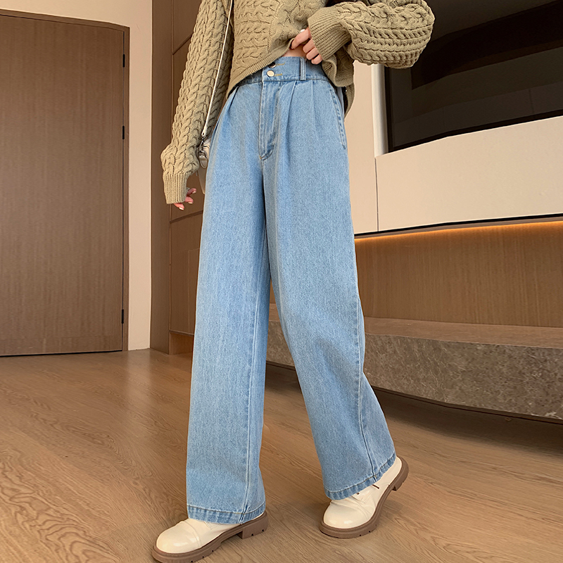 Real shot of pure cotton double-button straight jeans for women spring style pure cotton narrow wide-leg pants for small people high-waisted cigarette pipe pants