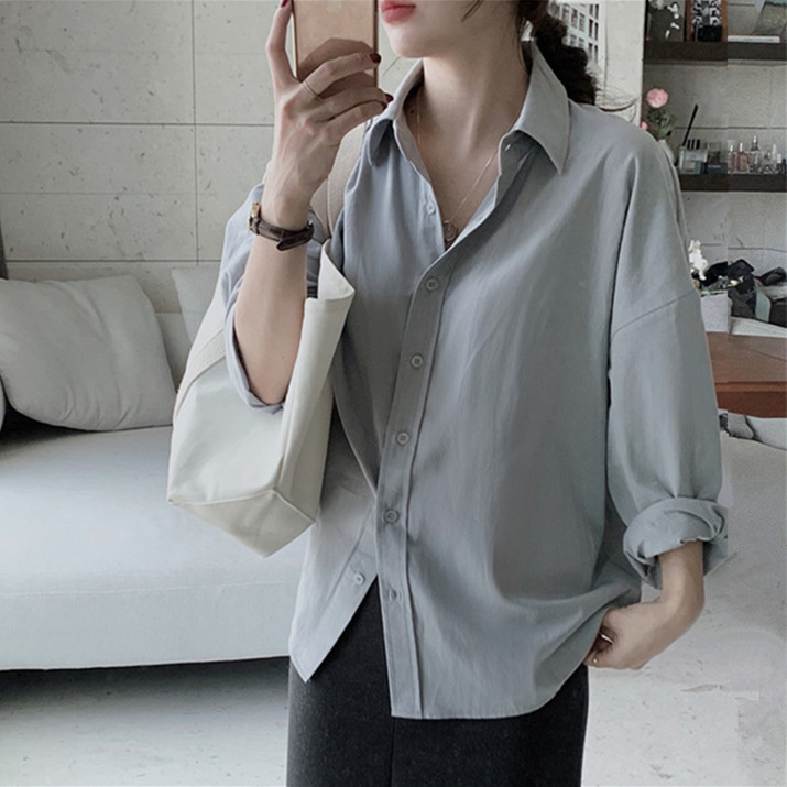 Korean style POL collar brushed Tencel cotton casual shirt women's 2024 new dropped shoulder long sleeve versatile solid color shirt plus size