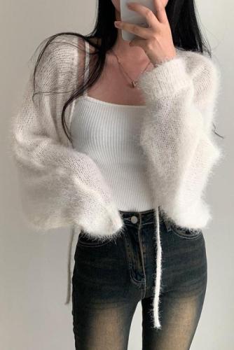 Korean chic spring gentle and lazy imitation mink fur shawl jacket design lace-up long-sleeved cardigan for women