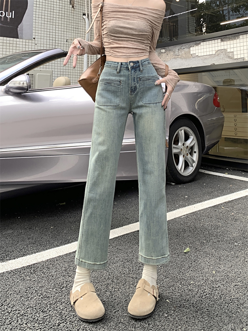 Real shot of retro light blue straight jeans for women 2024 early spring new style fashionable high-waisted stretch cigarette tube nine-point pants