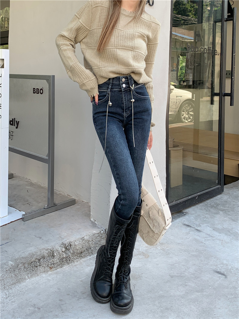 實拍~高腰緊身抓絨小腳牛仔褲子女顯瘦ins潮小眾設計