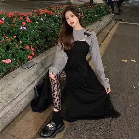 新款高級感溫柔系韓劇兩件套裝御姐風黑色連衣裙子女春秋季