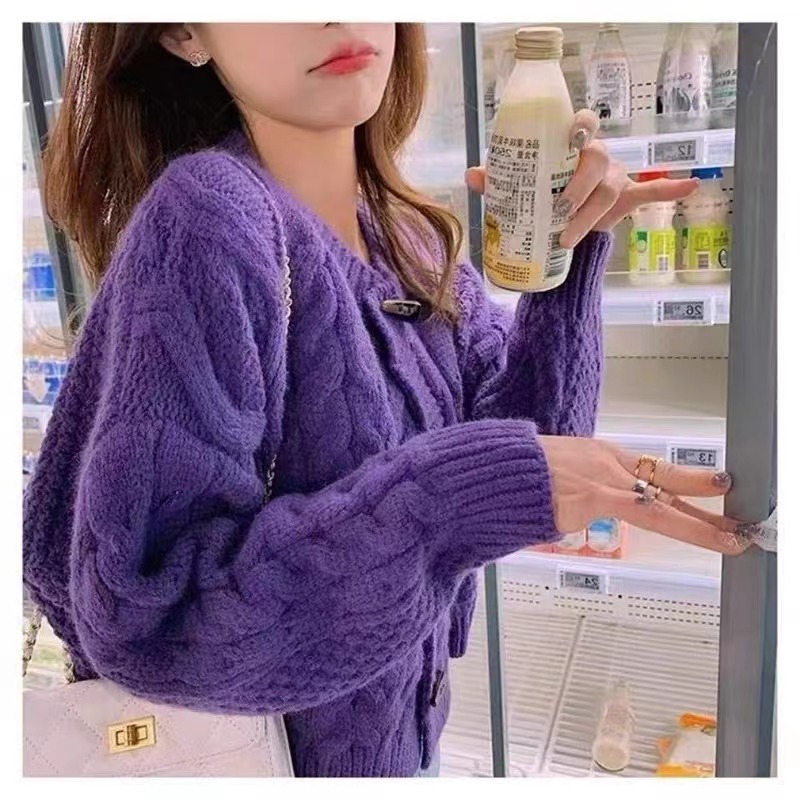 Korean style autumn and winter new fairy pink twist knitted cardigan for women loose lazy style slim sweater jacket