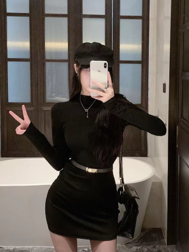 Black hottie pure lust style long-sleeved slim hip-covering dress for women autumn and winter new bottoming tight slimming short skirt