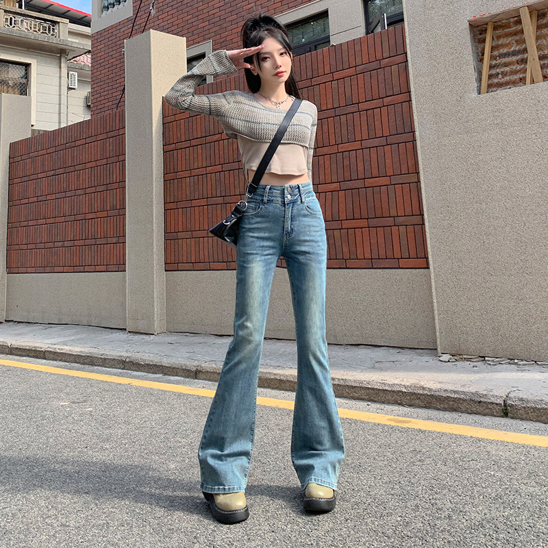 實拍~復古高腰彈力牛仔褲女春款2024年新款微喇顯瘦辣妹馬蹄褲子