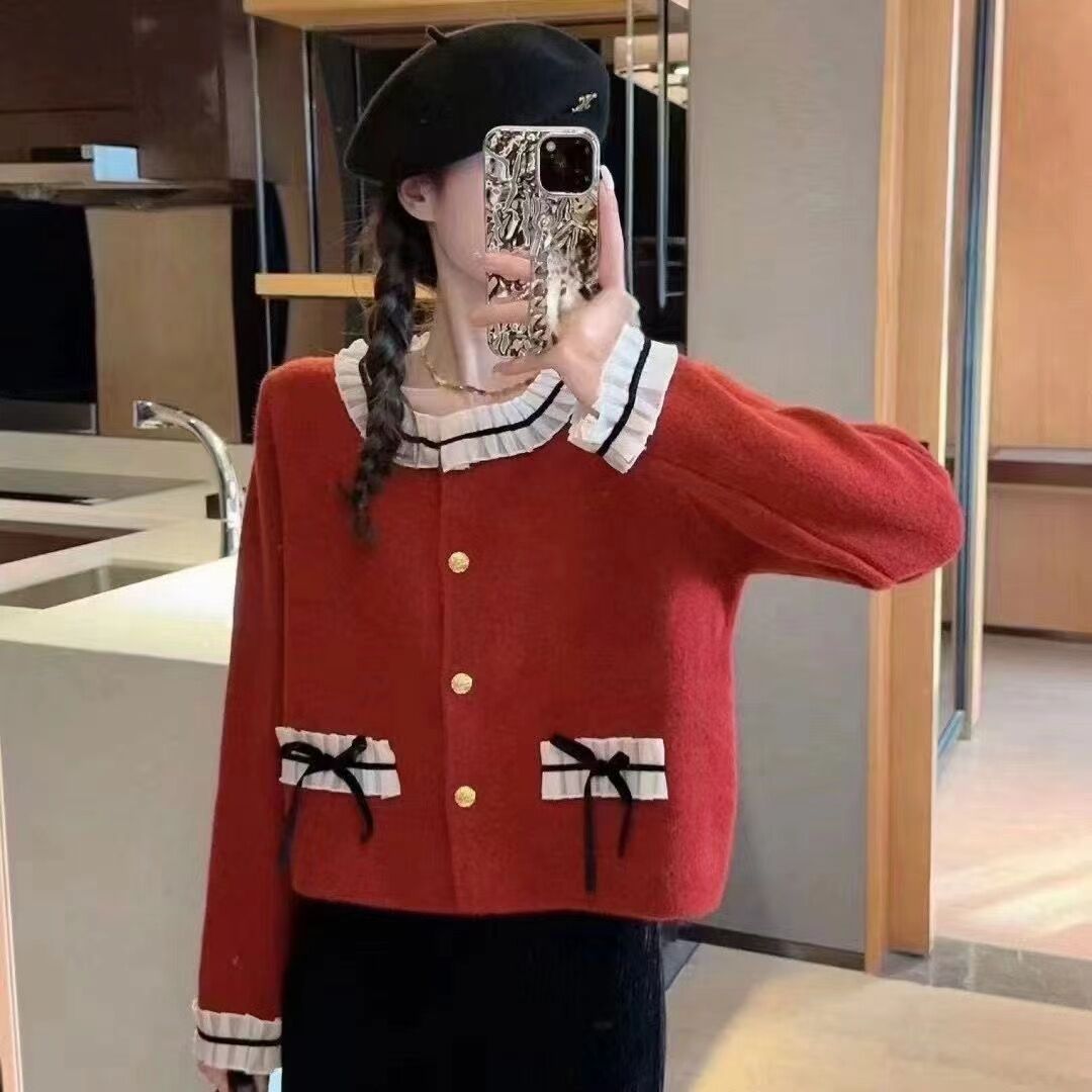 New Year red small fragrance style webbing lace round neck sweater cardigan jacket for women Korean style outer sweater top